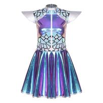 Womens Halloween Alien Astronaut Dress Gradient Sequin Metallic Patchwork Fly Sleeve A-Line Mini Dress XL mėlyna