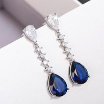 Huitan Gorgeous Waterdrop Blue Cubic Zirconia Long Hanging Earrings for Women Wedding Anniversary Party Elegant Female Zircon
