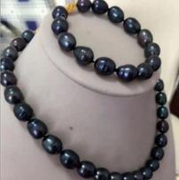 Real White Pearl Black Onyx Necklace Earrings set gray