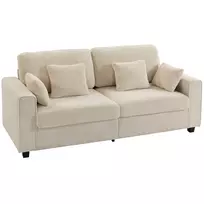 Smėlio spalvos 3 vietų sofa su „Raindrop“ aksominiu apmušalu, gilia sėdyne, pūkų pagalvėmis, plačiais porankiais ir 4 pagalvėlėmis