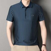 Summer New Men's Short Sleeved T-shirt Middle-aged and Young Vertical Striped Half Sleeved Polo Collar M mėlyna