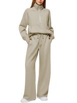 2024 Women's 2-Piece Set: Half-Zip Sweatshirt & Wide-Leg Sweatpants S šviesios chaki spalvos