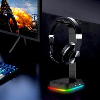 Naujas 4in1 RGB ausinių stovas Spalvą keičiantis ausinių žaidimų ausinių stovas Blizgesio dvigubo USB žaidimų ausinių ekrano stovas juoda