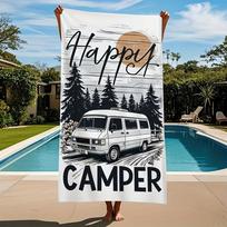 Retro kemperis „HAPPY CAMPER“ mikropluošto rankšluostis, itin smulkus greitai džiūstantis, skirtas paplūdimiui, sporto salės, namų reikmėms, unisex W40*H60(CM)