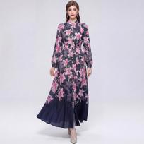 Summer Bohemia Flower Printed Holiday Prom Dress Stand Collar Single Breasted A-line Big Swing Casual Dresses with Belt S tamsiai mėlyna spalva