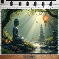 2D Ramus Budos Miško Sieninis Kabinamas, Taikingas Zen Sodas Krioklio Fono Audinys 47.2x31.5inch/120*80cm