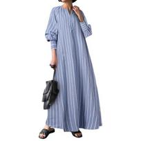O-Neck Buttons Half Placket Baggy Dress Long Sleeves Pockets Ankle Length Women Striped Print Loose Maxi Dress Streetwear 4XL mėlyna
