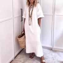 Women's White Linen-Look Maxi Dress Casual Stand Collar Half Sleeve Loose-Fit Tunic Dress S balta
