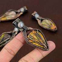 Natural Bumblebee Jasper, Moonstone Gemstone Copper Wire Wrap Pendant 2.76  D4F96