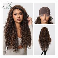 ALAN EATON Long13x4x1 Lace Synthetic Wigs Brown Highlight Golden Curly Wig for Black Women Natural High Density Daily Use brown