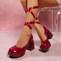 Strap-on high heels new round head thick heel single shoes women's European and American platform party nightclub banquet fashion women's shoes 34 bordinė