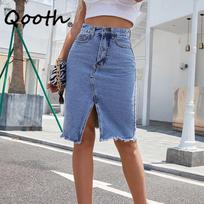 „Qooth Women“ laisvalaikio džinsinis sijonas su pieštuku „Cool Girl Midi Split HiP“ QT2271 XS mėlyna