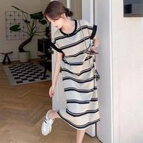 Summer Ice Silk Striped Knee-Length Short-Sleeve Dress Loose Tummy-Hiding Slimming T-Shirt Maxi Dress L