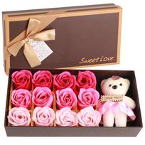 12 Rose Flower Soap Flower Plush Bear Valentine s Day Romantic Gift With Box (Pink)