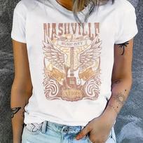 Country Music T-Shirt Short Sleeve Crew Neck Casual Top For Spring & Summer Women's Clothing 2024 Summer New Retro T-shirt M smėlis