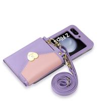 For Galaxy Z Flip 6 Case Dual Color Love Heart Crossbody Wallet Cards Slot Case For Samsung Galazy Z Flip 5 Flip 6 4 3 Cover For Galaxy Z Flip 6 violetinė