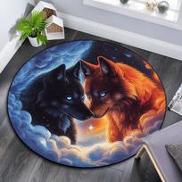 Fire and Ice Wolf Round Area Rug,Carpet Rug for Living Room Bedroom Sofa Playroom Decor,Non-slip Floor Mat 80cmx80cm