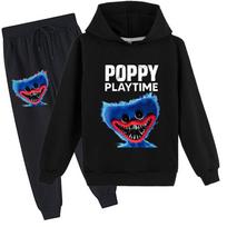 Vaikiškas 3D gobtuvo komplektas Huggy Wuggy megztinis sportinis kostiumas Poppy Playtime vaikiškas megztinis + kelnės 100cm juoda