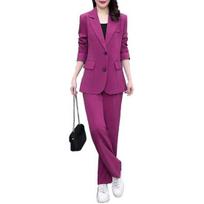 2 Pcs/Set Women Coat Pants Suit Formal Business Style Lapel Button Closure Cardigan Long Sleeve Straight Wide Leg Plus Size M rožinė raudona spalva