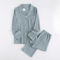 New Pure Cotton Crepe Men's Long-sleeved + Trousers Pajamas Spring and Autumn Thin Couple Home Wear Set Women's Pajamas M