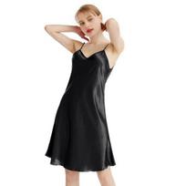 Moteriški satininiai naktiniai marškiniai, naktiniai marškiniai, seksuali šilkinė naktinė suknelė, miego drabužiai, mini naktinukai su spagečių petnešėlėmis, vasariniai berankoviai naktiniai drabužiai V formos iškirpte L juoda