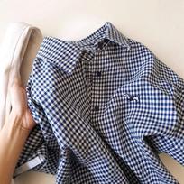 Little Dog Plaid Embroidery Women's Slim Fit Long Sleeve Shirt - Spring/Autumn, Korean Style, Sun Protection Small mėlyna