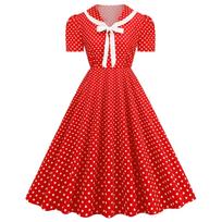 Women's Casual Fashion V-neck Bow Retro Casual Polka Dot Print Swing Dress L raudona