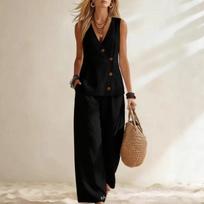 Womens Sleeveless Button Vest And Wide Leg Pants Set S juoda