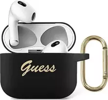 Guess Apsauginis dėklas GUA3SSSK silikoninis Vintage Script, skirtas AirPods 3 juodas