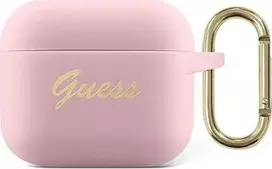 Apple AirPods 3 Guess silikoninis Vintage Script (GUA3SSSI) ausinių dėklas rožinės spalvos