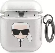 Apple AirPods ausinių dėklas Karl Lagerfeld Glitter Karl`s Head (KLA2UKHGS) sidabrinės spalvos