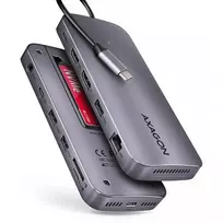 AXAGON kelių prievadų USB-C 10Gbps šakotuvas. NVMe/SATA M.2, HDMI ir DisplayPort. USB-C laidas 50 cm.