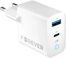 Forever TC-06-33AC GaN PD QC įkroviklis 1x USB-C 1x USB 33W baltos spalvos