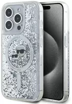 Karl Lagerfeld Liquid Glitter Karl and Choupette Heads MagSafe dėklas telefonui Apple iPhone 15 Pro skaidrus