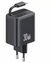 USAMS Laidinis įkroviklis 1xUSB-C su suvyniojamu kabeliu USB-C Retractable PD+QC 30W Gan Fast Charging juodos spalvos YC Series CC241TC01 (US-CC241)
