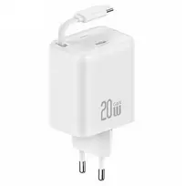 USAMS Laidinis įkroviklis 1xUSB-C su suvyniojamu kabeliu USB-C Retractable PD+QC 20W Gan Fast Charging baltos spalvos YC Series CC233TC02 (US-CC233)
