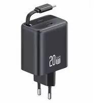 USAMS Laidinis įkroviklis 1xUSB-C su suvyniojamu kabeliu USB-C Retractable PD+QC 20W Gan Fast Charging juodos spalvos YC Series CC233TC01 (US-CC233)
