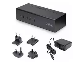 StarTech.com 4 prievadų dviejų monitorių „DisplayPort KVM“ jungiklis, 4K 60Hz, 2x USB 5Gbps šakotuvo prievadai, 2x USB 2.0 HID prievadai, karštųjų klavišų ir mygtukų perjungimas, atitinkantis TAA reikalavimus - 3,5 mm garsas, HDCP (P4DD46A2-KVM-SWITCH) - KVM / garso jungiklis - 4 x KVM / garsas / USB - 1 prievadas