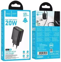Phone charger Hoco USB A + USB C QC3.0 PD 3A 20W N61 juodas