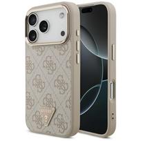 Dėklas Guess PU Leather 4G Strass Triangle Logo Gold Frame MagSafe Apple iPhone 17 Pro rožinis
