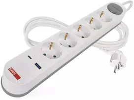 Emos Pailginimo laidas 3 m / 5 lizdai / jungiklis / baltos-pilkos spalvos / 1×USB-A + 1×USB-C / 1,5 mm2