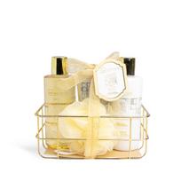 Kūno priežiūros rinkinys IDC Institute Scented Bath moterims: dušo želė, 200 ml + kūno balzamas, 200 ml + rankų kremas, 100 ml + vonios kempinė, 1 vnt, vonios krepšelis, 1 vnt.