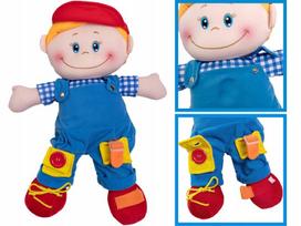 Šluostės lėlė berniukas 46 cm, mokymosi užsegti sagas, raištelius