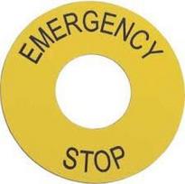 Geltona apvali ženklo plokštelė "emergency Stop" fi60mm
