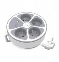 Prailginimo laidas su 4 lizdais, 2 Usb-a/c, baltas-pilkas