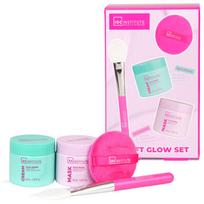Veido priežiūros rinkinys IDC Institute Soft Glow moterims: veido kaukė, 60 ml + veido kremas, 60 ml + aplikatoriaus šepetėlis, 1 vnt, veido kempinėlė, 1 vnt.