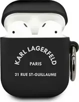Karl Lagerfeld Rue St Guillaume silikoninis dėklas ausinėms AirPods 1/2 juodos spalvos