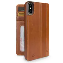 Prabangus „Twelve South Journal“ odinis „iPhone XR“ dėklas su apsauga nuo kritimo ir laisvų rankų laikikliu – konjako spalvos