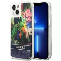 Guess GUHCP14SLFLSB Apple iPhone 14 / 15 / 13 6.1″ mėlynas kietas dėklas Flower Liquid Glitter
