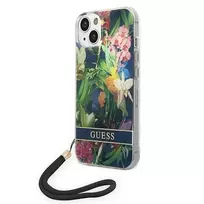 Guess GUOHCP14SHFLSB Apple iPhone 14 / 15 / 13 6.1" mėlynas kietas dėklas su gėlių formos dirželiu